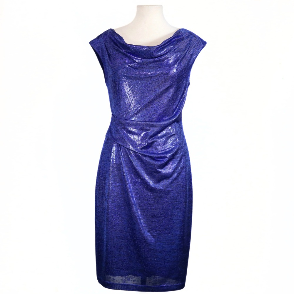 Connected Apparel Sheath Dress Womens 12 Blue Metallic Cowl Neck Cocktail Party